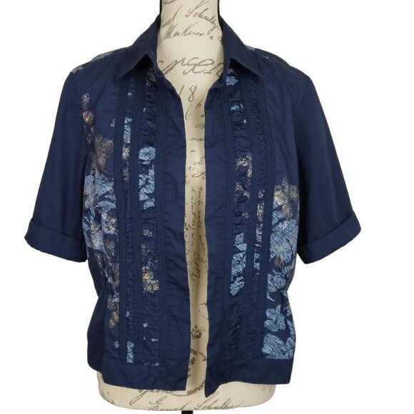 Coldwater Creek | Blue Floral Shirred Open Front Jacket | Size 14 - Picture 1 of 9